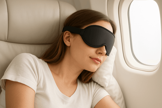 Woman wearing PSélène black sleep mask while sleeping on airplane – ideal for travel comfort